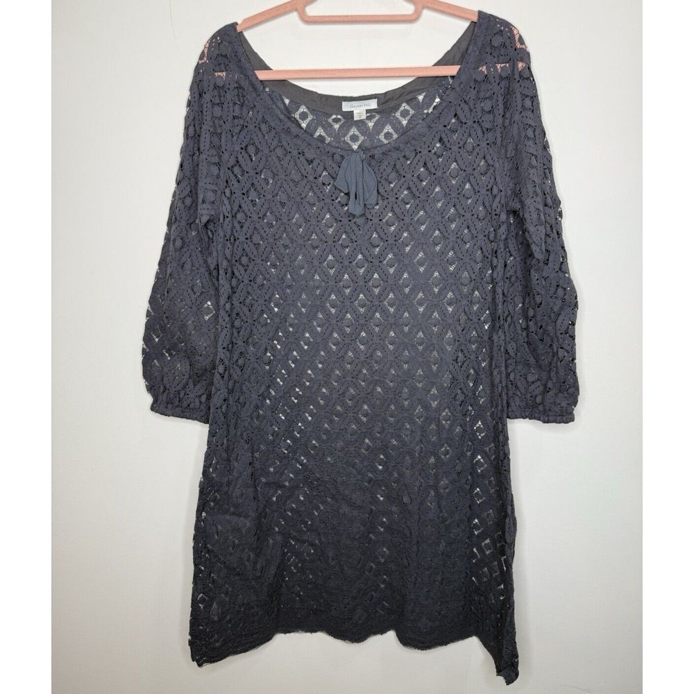 Garnet Hill Dress 8 Overlay Gray Tie Neck Foliage Lace Modest‎ Knee Length Sheer